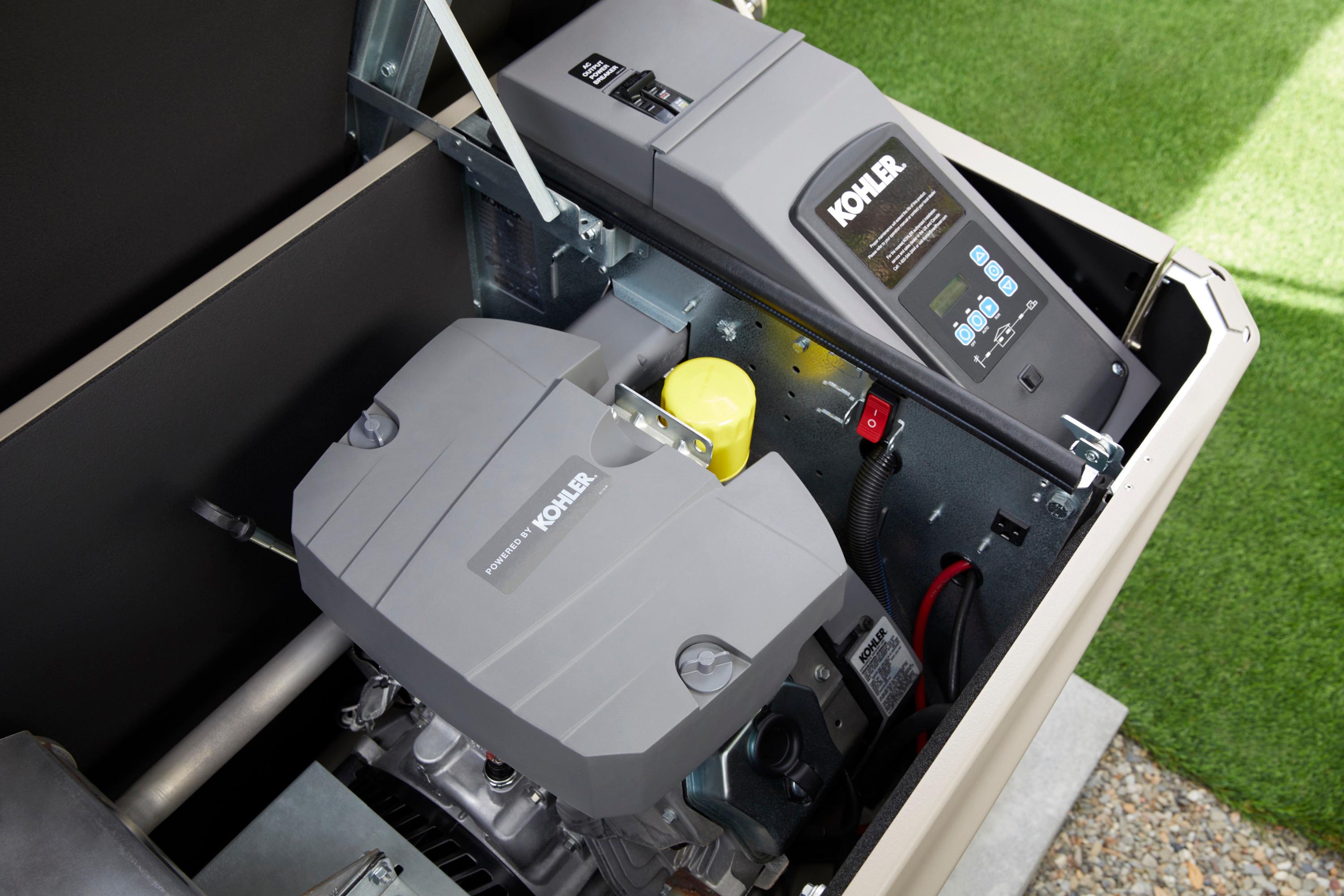 Close up image of a KOHLER engine installed in a KOHLER generator.